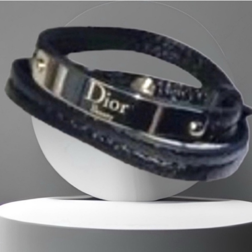 Dior Beauty Black Faux Leather Double Wrap Around Bracelet with Silver